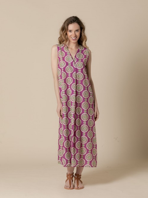 Woman Long printed circle dress with V-neck  Magenta