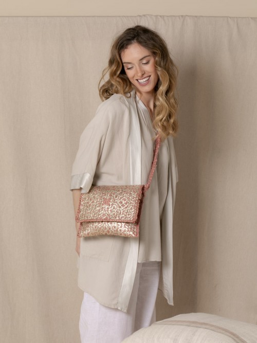 Woman Ethnic gold embroidered shoulder bag  Pink