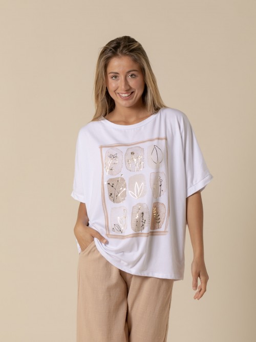 Woman combined print t-shirt  Beige
