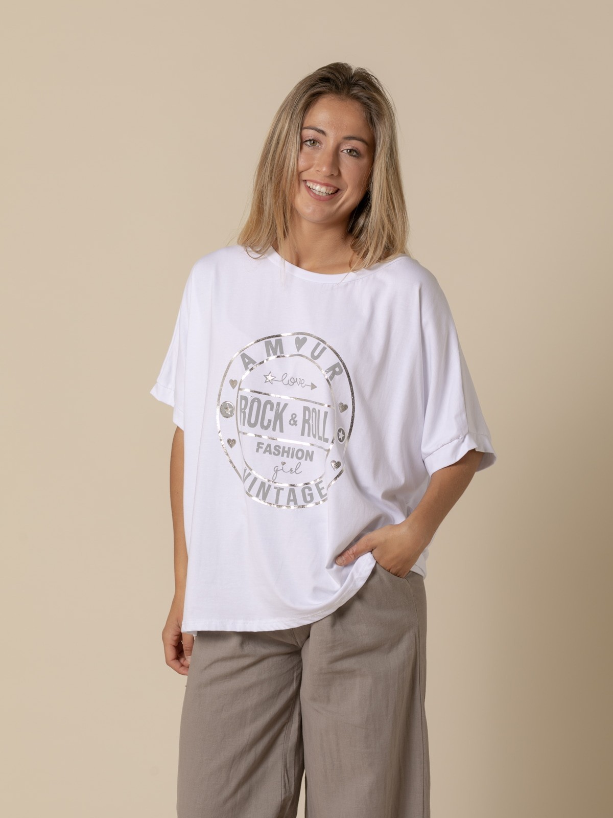 Woman Tencel amoeba print t-shirt  White
