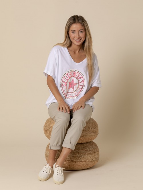 Woman Wide fluorescent Rock Star T-shirt  White