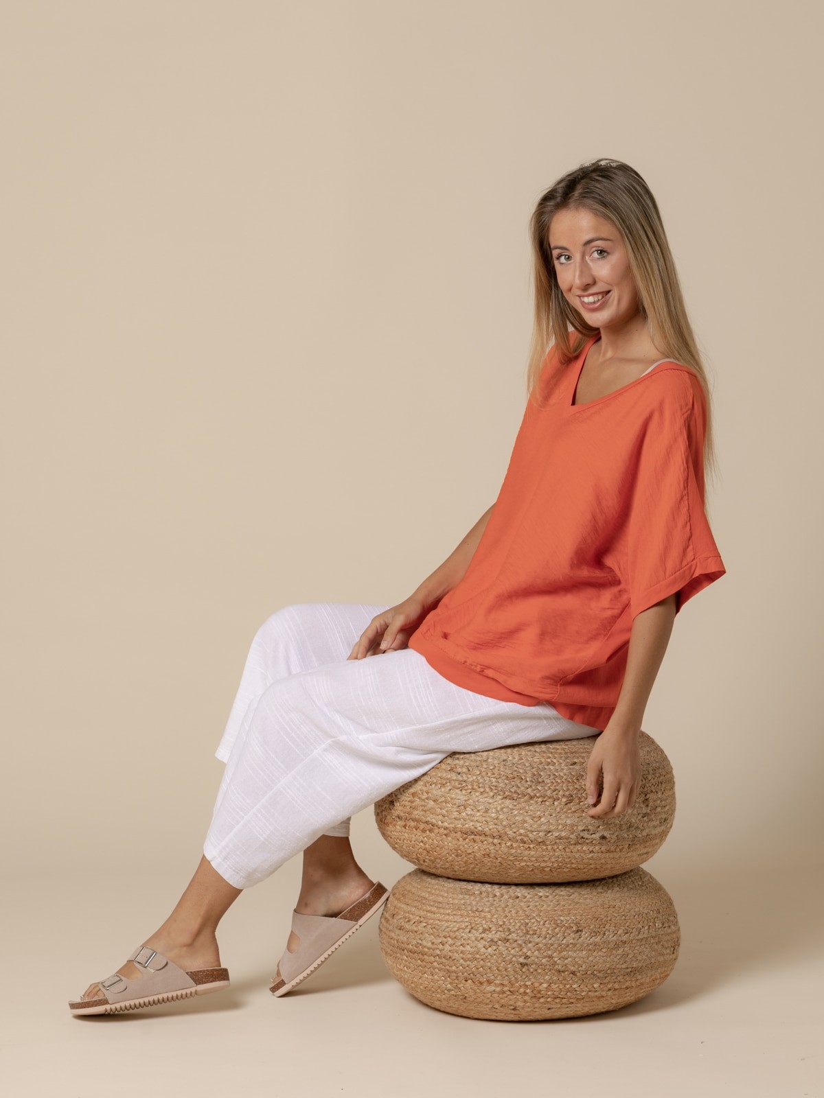 Woman Wide V-neck T-shirt  Orange