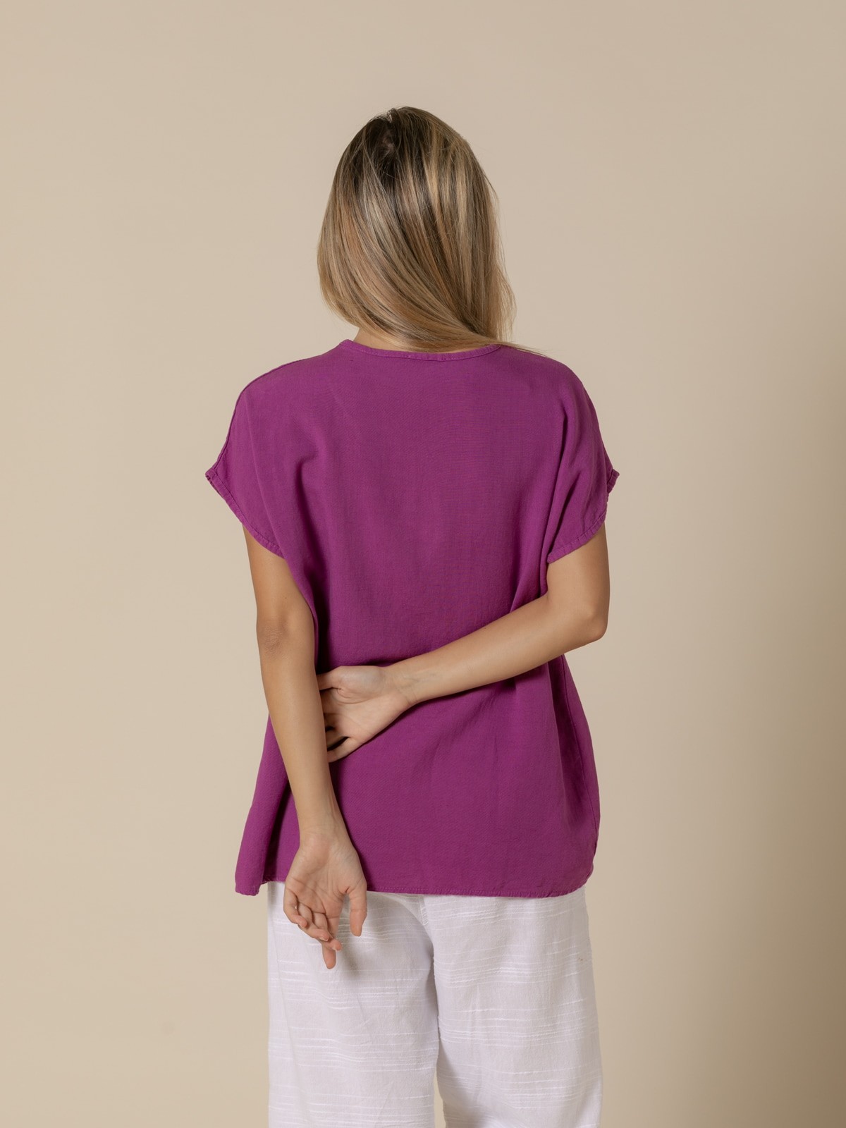 Woman Blouse with a V-neckline and bright colors in satin  Magenta