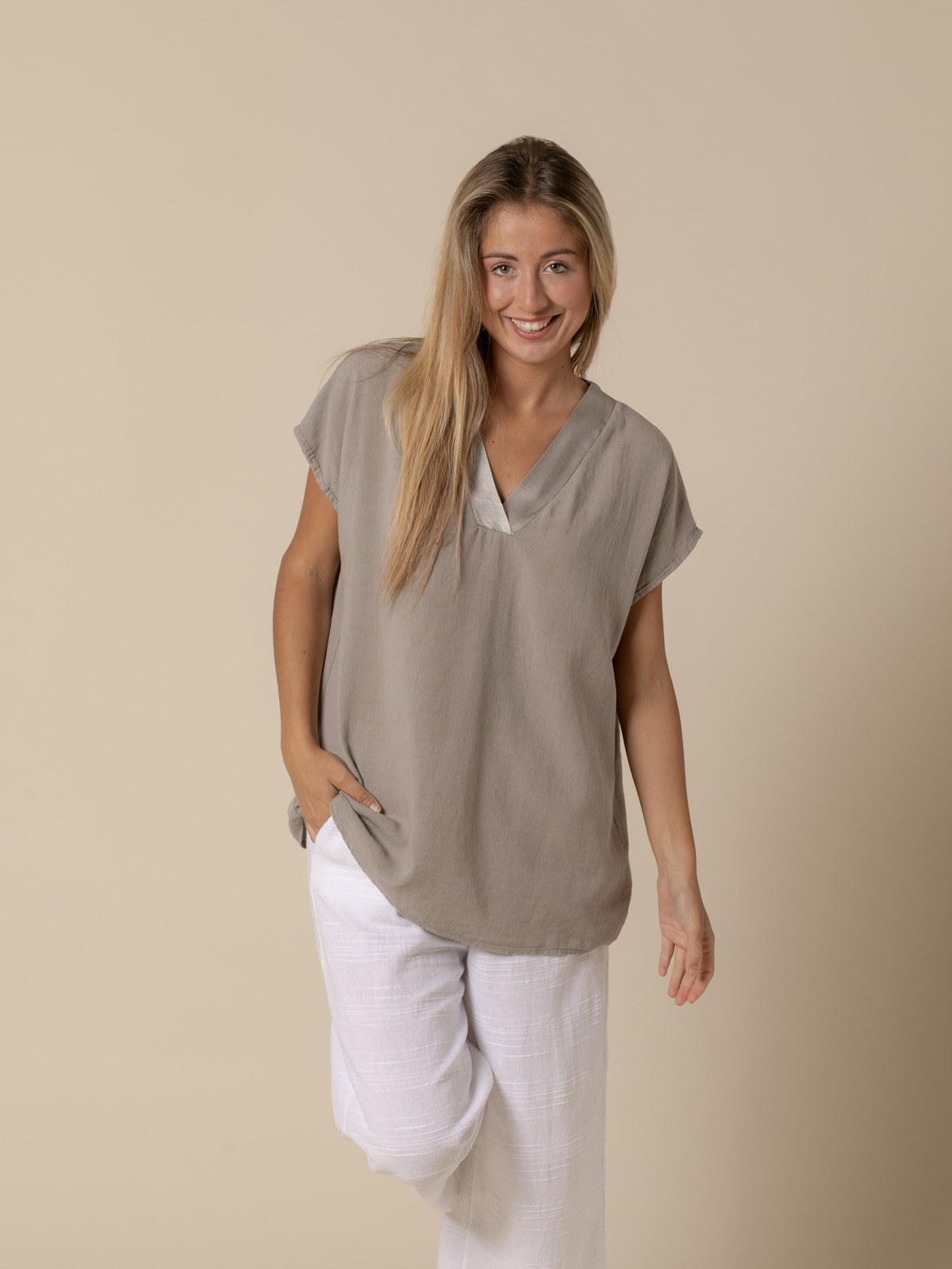 Woman Blouse with a V-neckline and bright colors in satin  Taupe