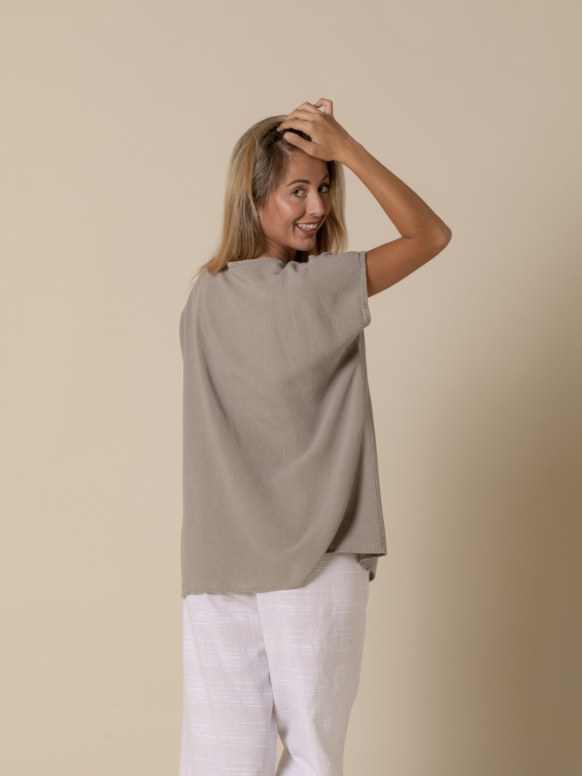 Woman Blouse with a V-neckline and bright colors in satin  Taupe