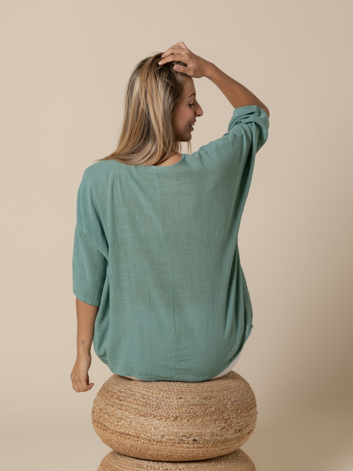 Woman Comfy cotton elbow sleeve blouse  Green