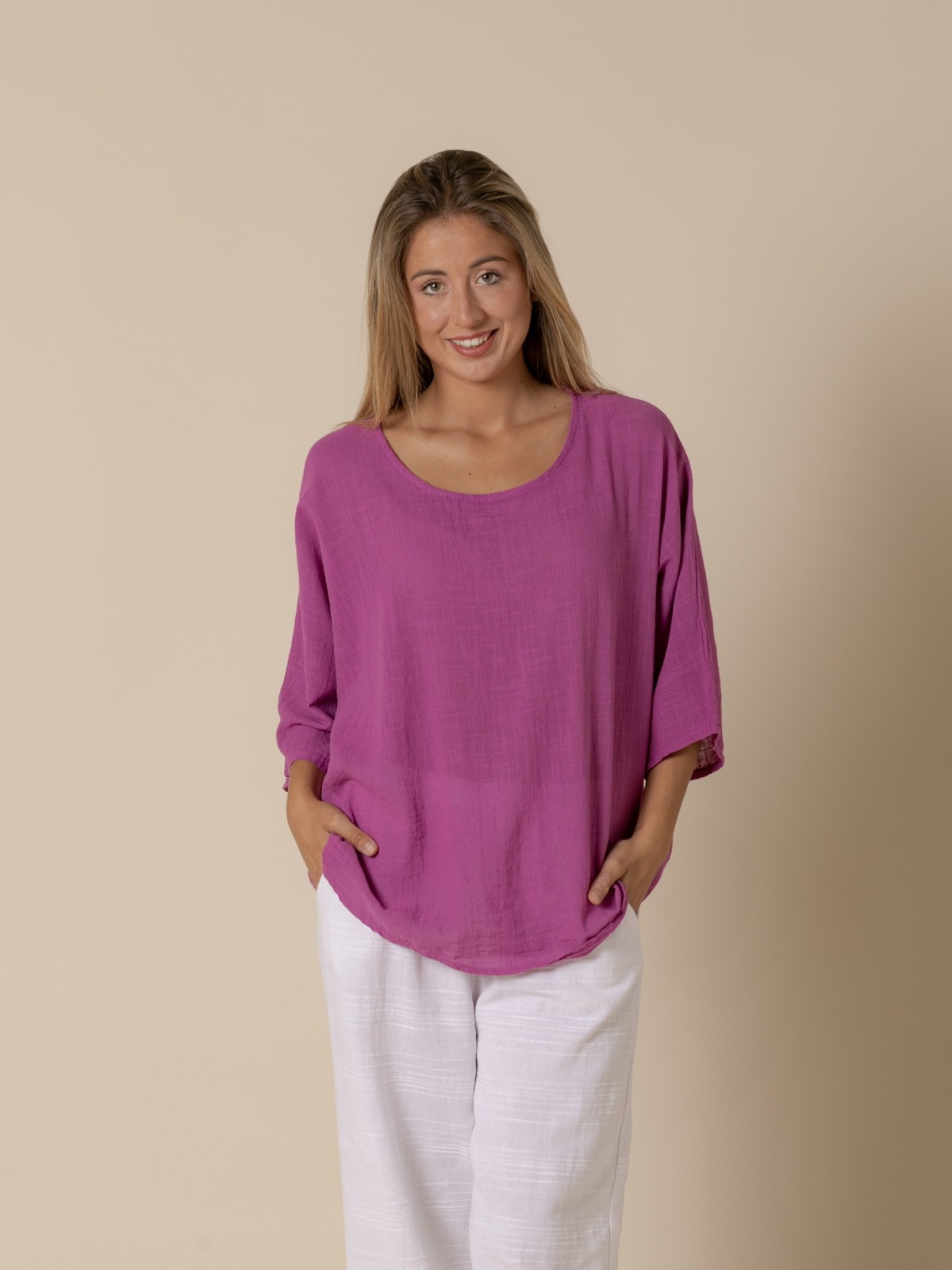 Woman Comfy cotton elbow sleeve blouse  Magenta
