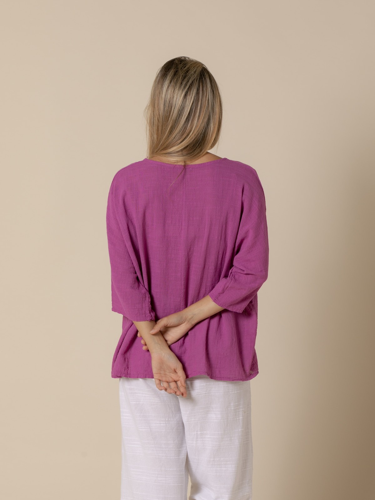 Woman Comfy cotton elbow sleeve blouse  Magenta