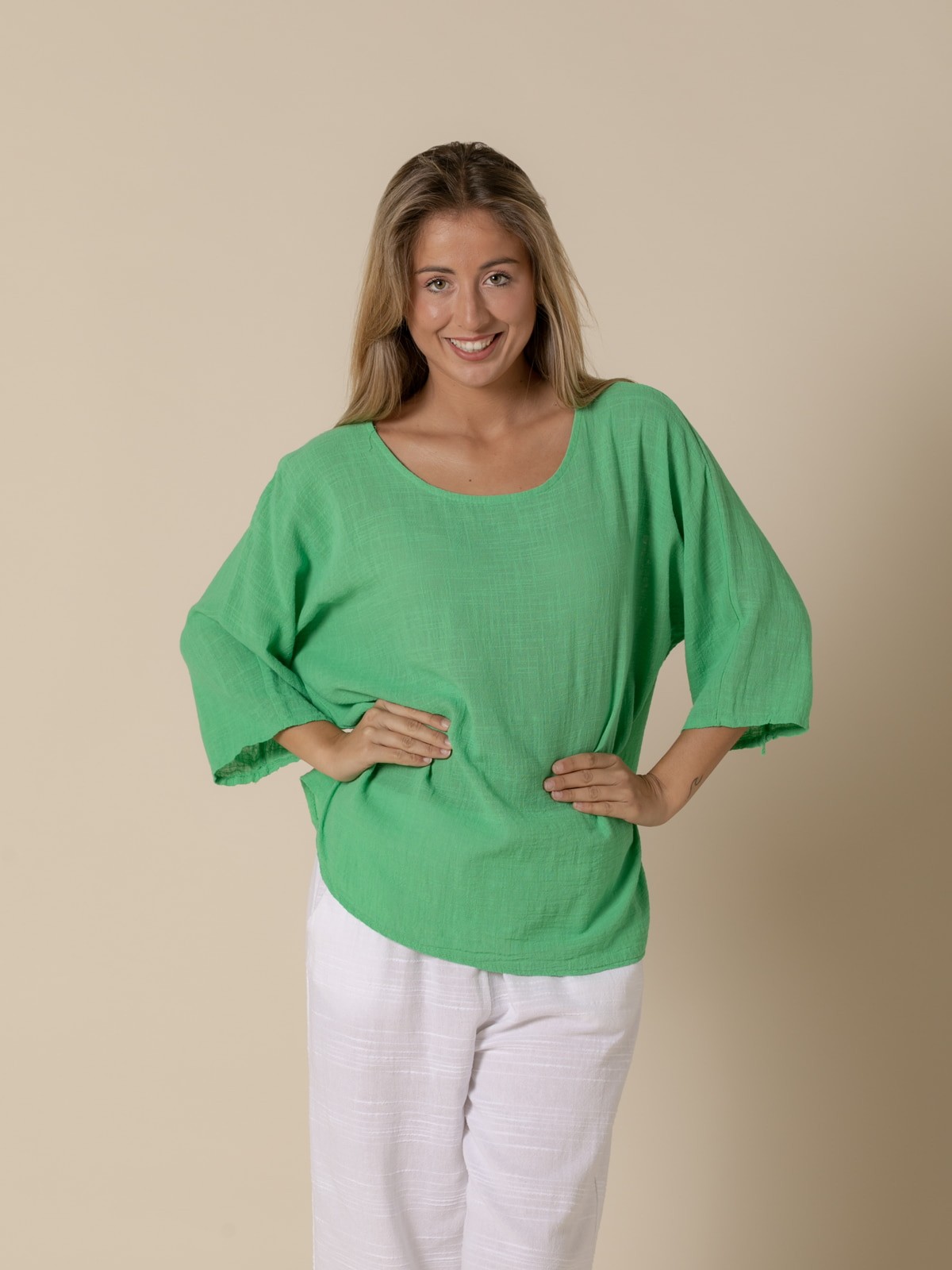 Woman Comfy cotton elbow sleeve blouse  Green hierba