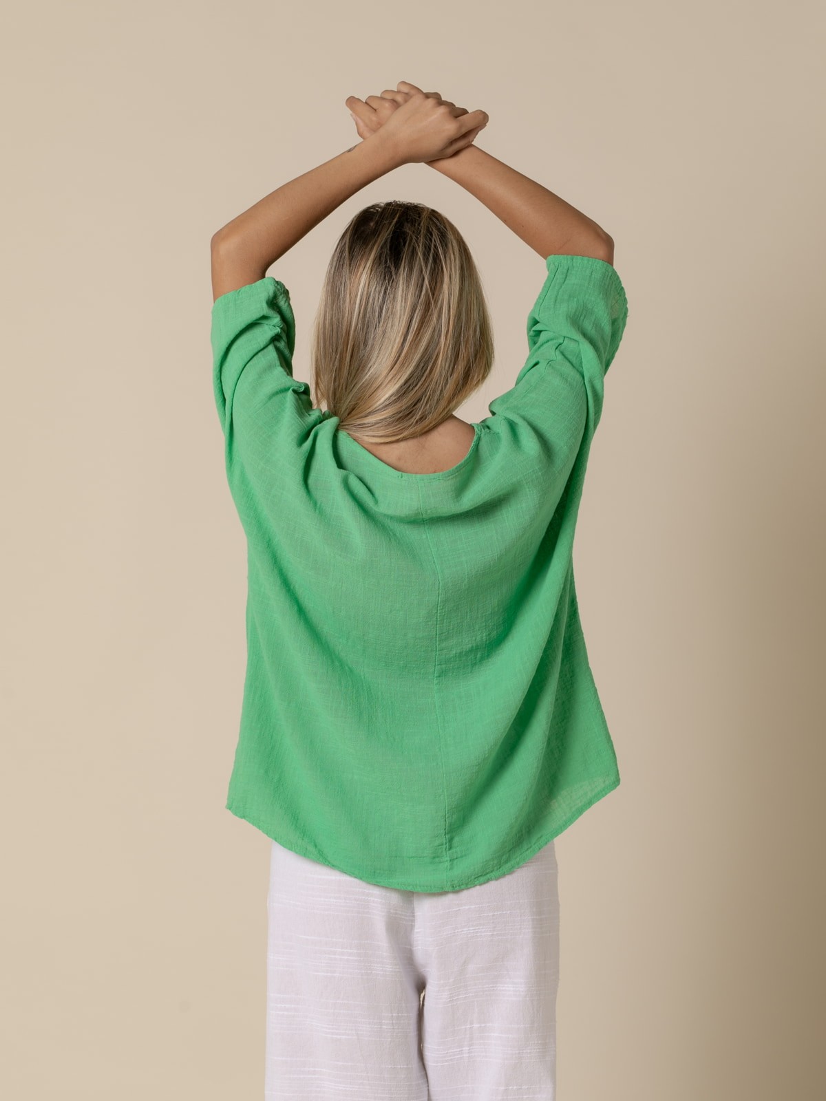 Woman Comfy cotton elbow sleeve blouse  Green hierba
