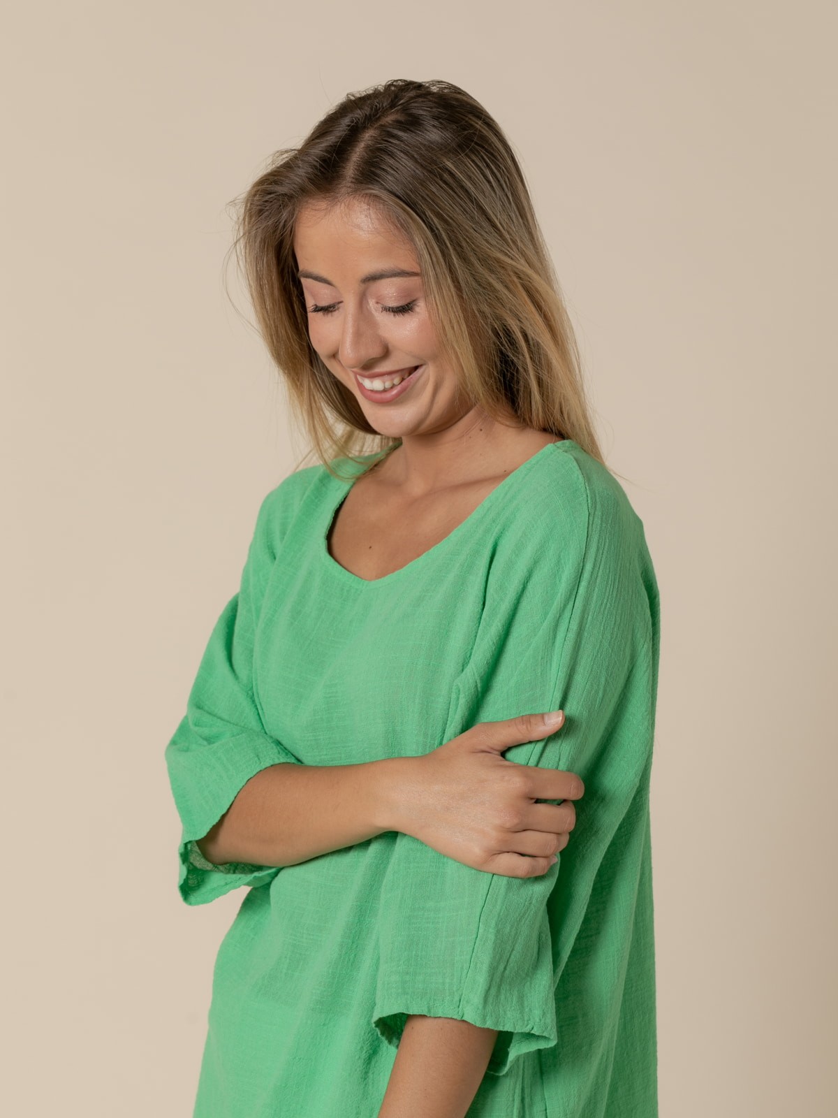 Woman Comfy cotton elbow sleeve blouse  Green hierba