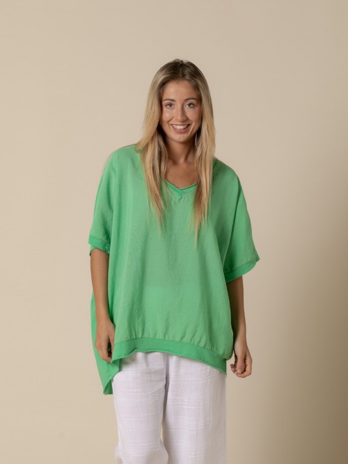 Woman Visco-cotton oversize V-neck T-shirt  Green