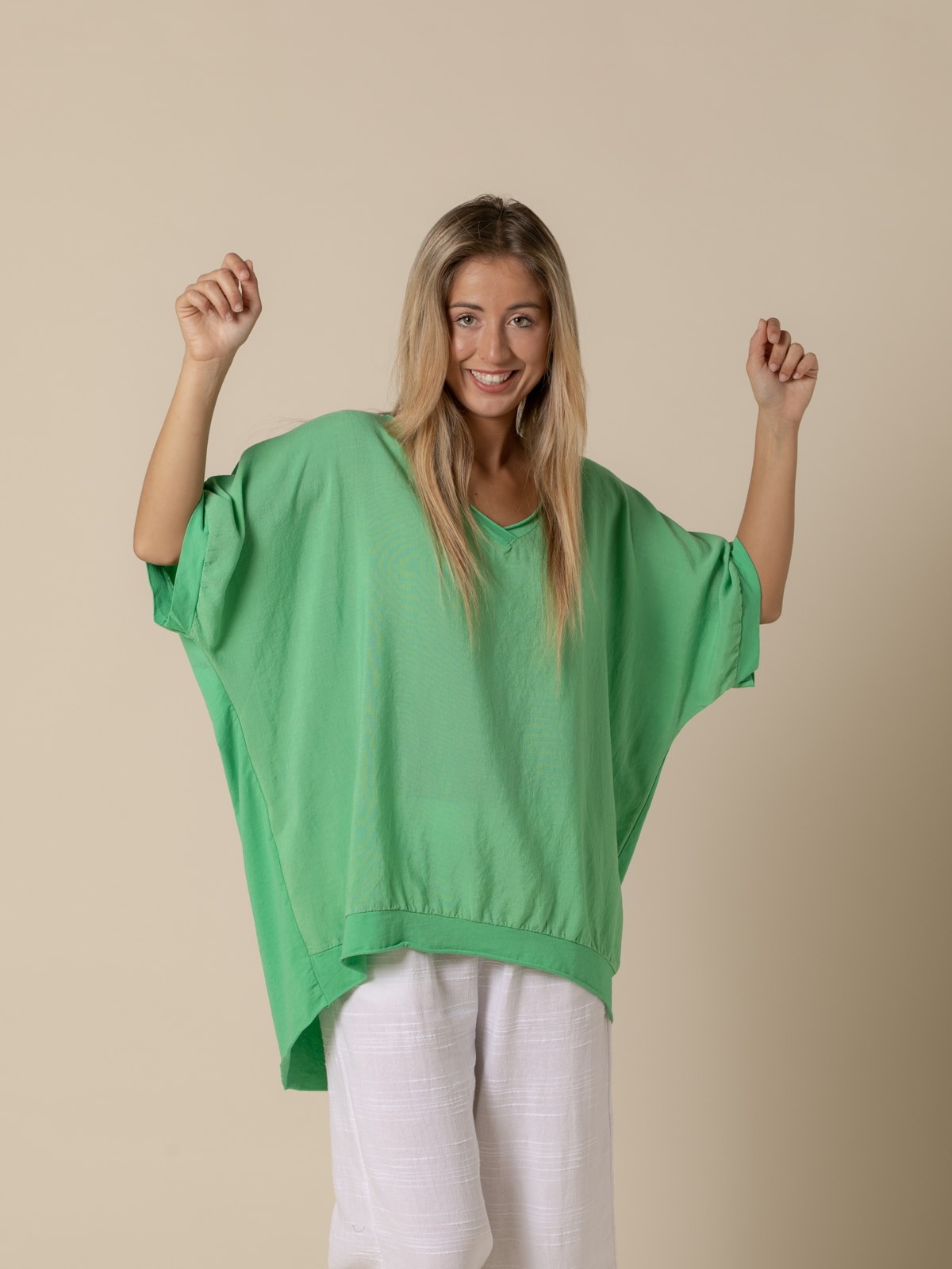 Woman Visco-cotton oversize V-neck T-shirt  Green