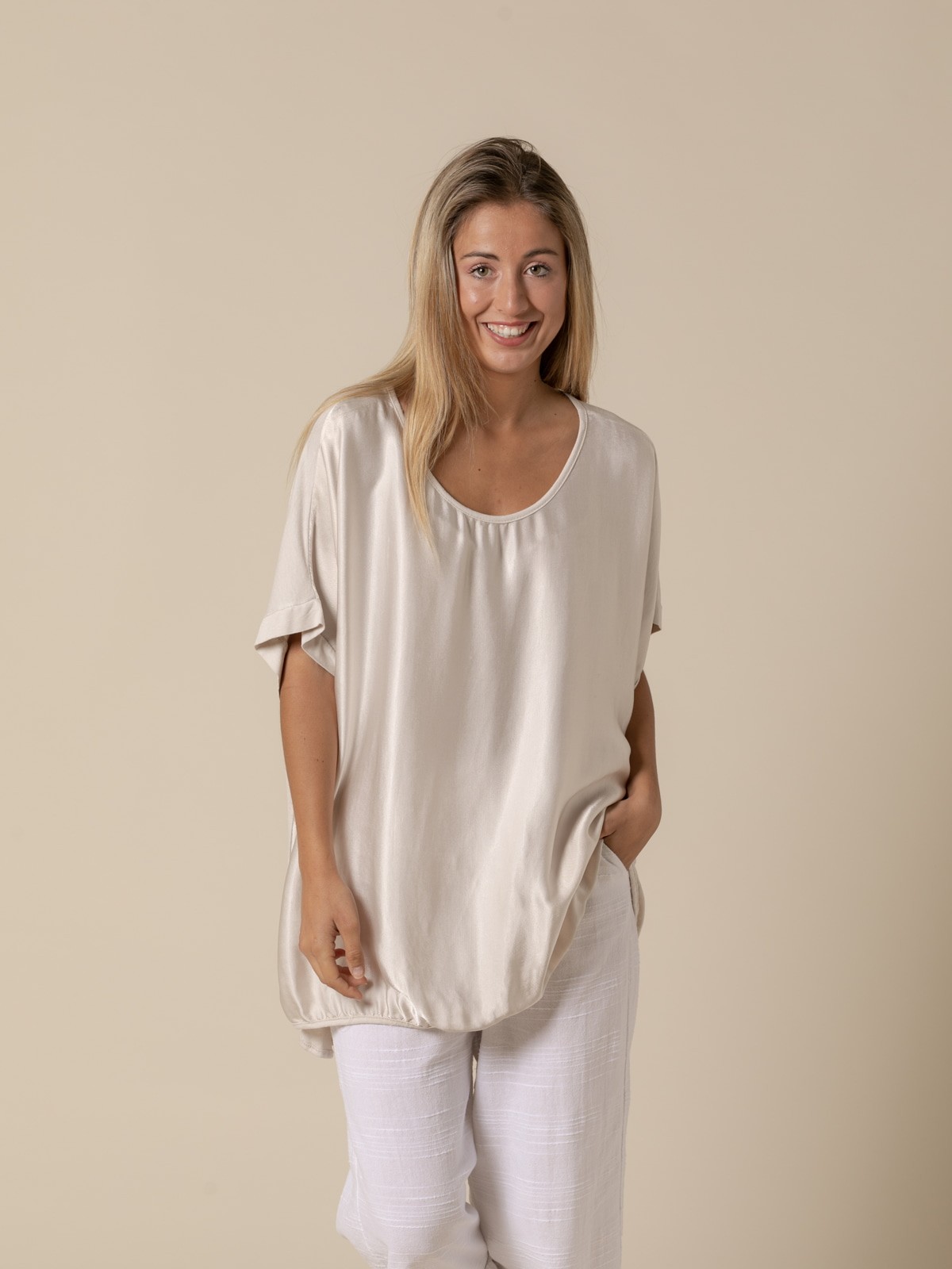 Woman Oversize vegetal viscose satin T-shirt  Beige