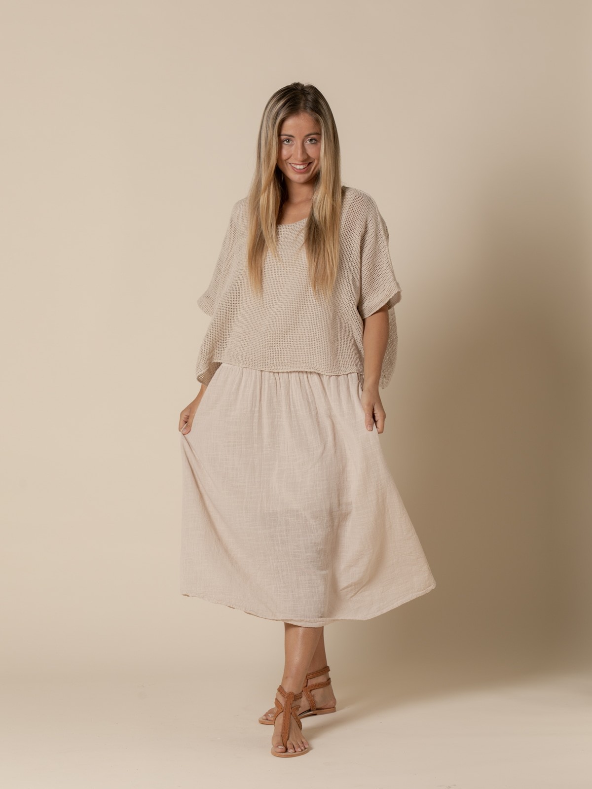 Woman Trendy textured cotton dress  Beige