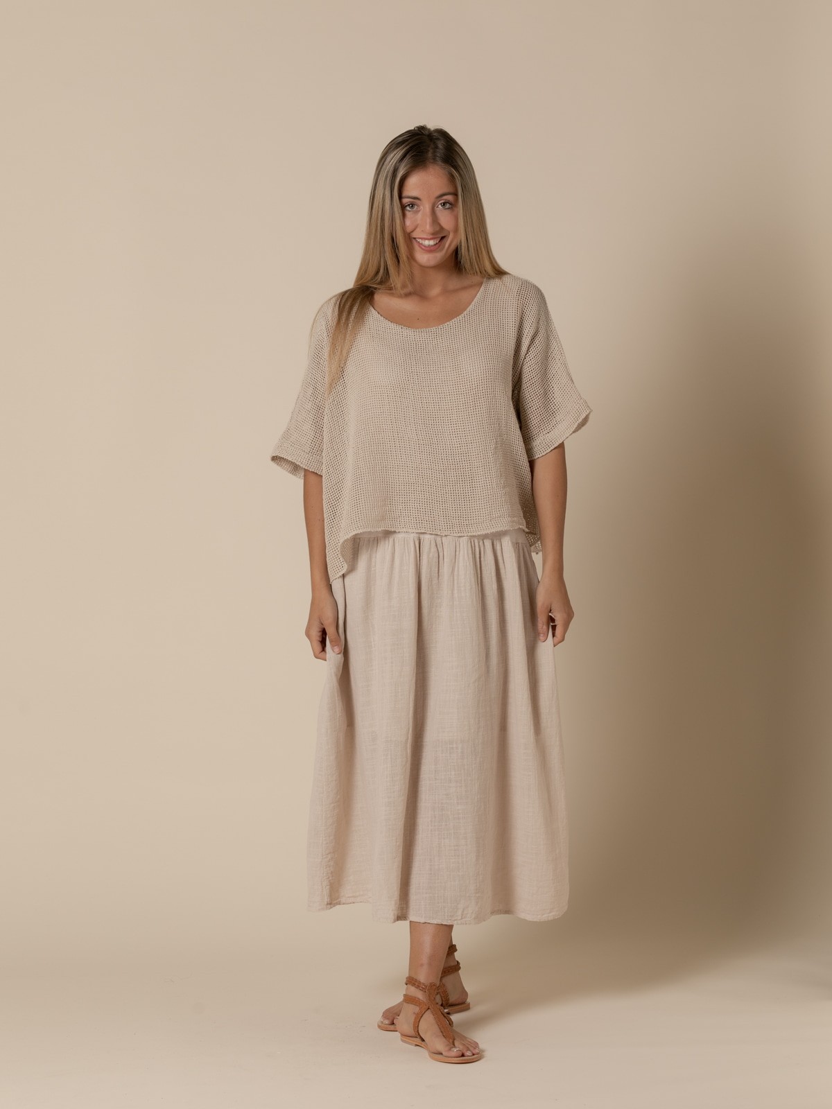 Woman Trendy textured cotton dress  Beige