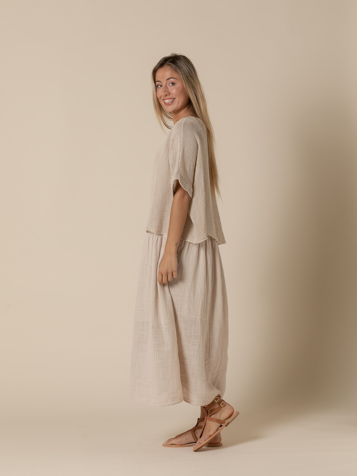 Woman Trendy textured cotton dress  Beige