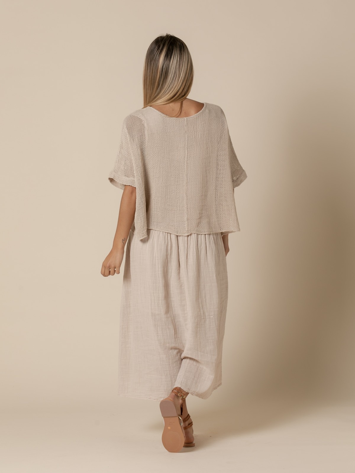 Woman Trendy textured cotton dress  Beige