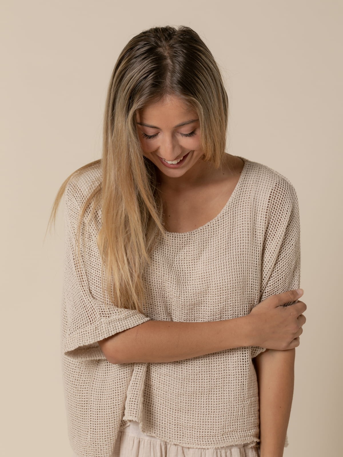 Woman Trendy textured cotton dress  Beige