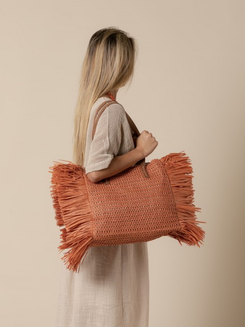 Woman Trendy fringed raffia tote bag  Orange