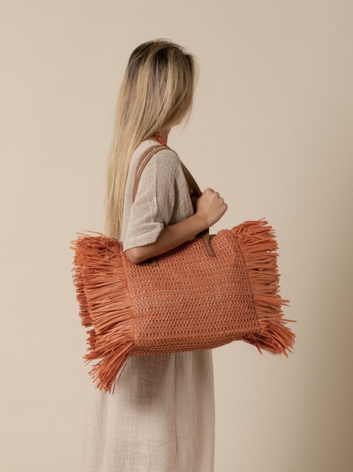 Woman Trendy fringed raffia tote bag  Orangecolour