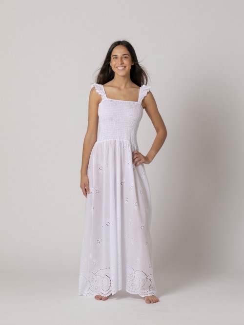 Vestido largo con nido de abeja Blanco