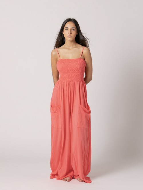 Woman Plain 100% cotton jumpsuit with cargo pockets  Coral