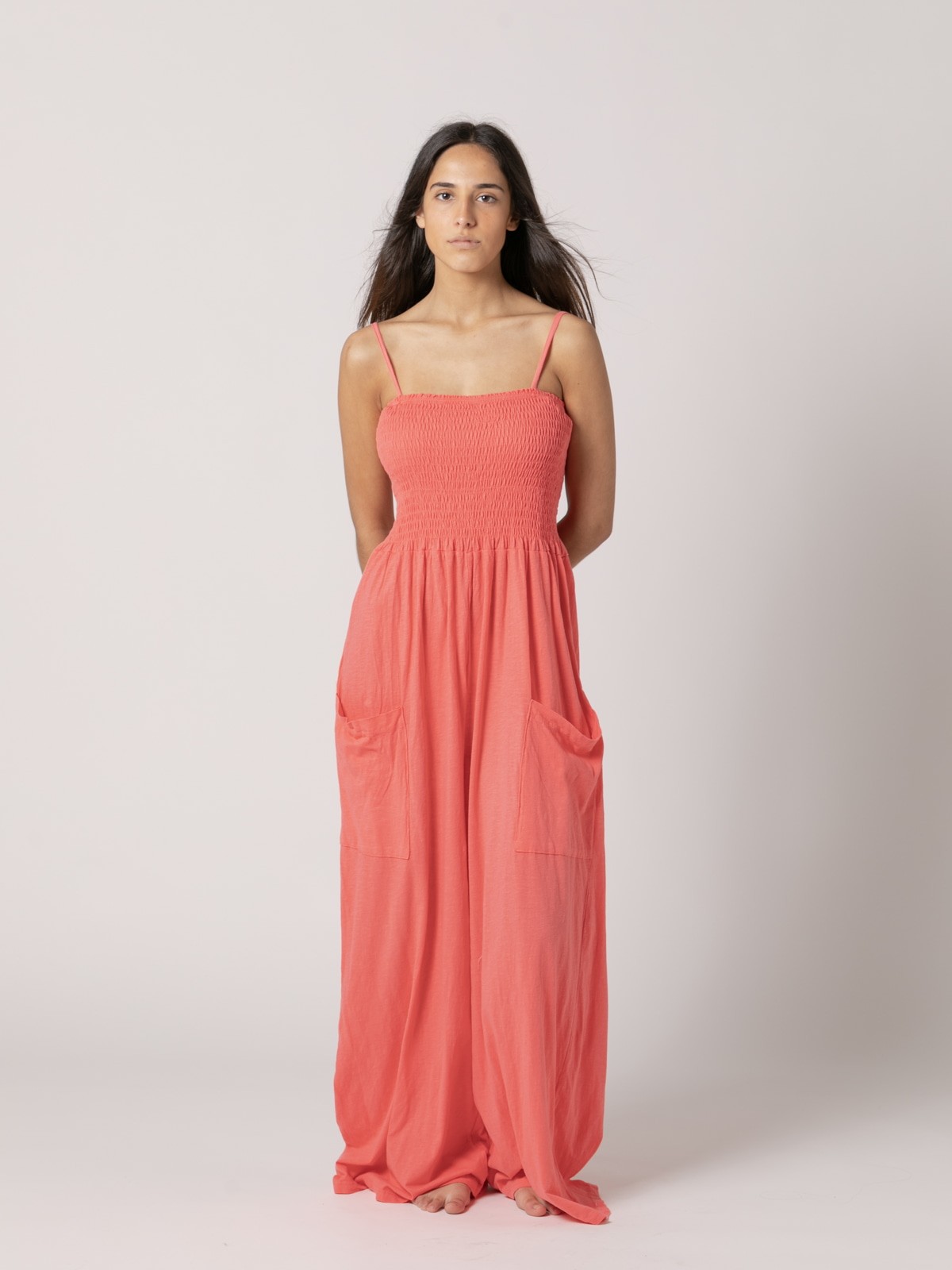Woman Plain 100% cotton jumpsuit with cargo pockets  Coral