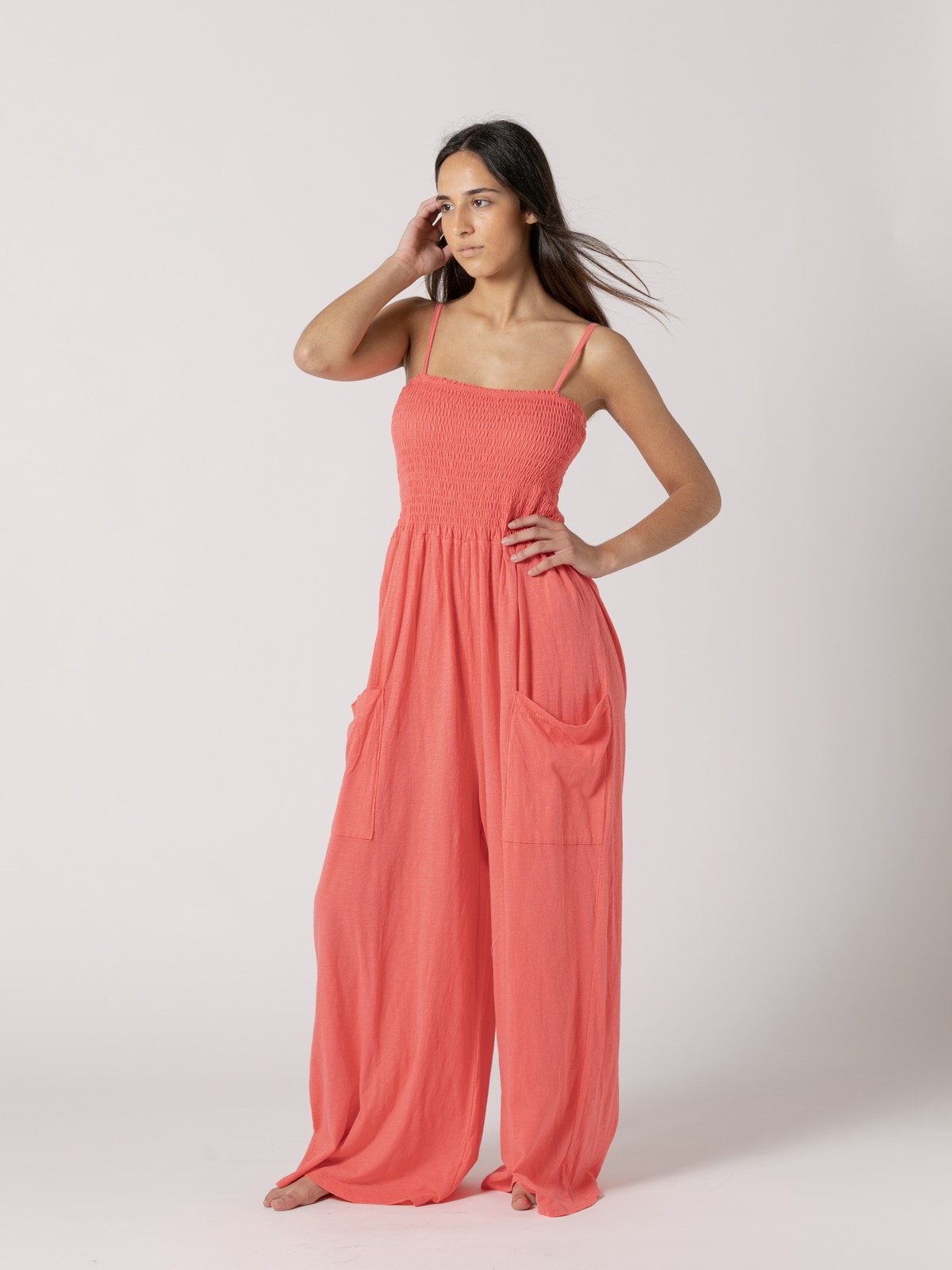 Woman Plain 100% cotton jumpsuit with cargo pockets  Coral