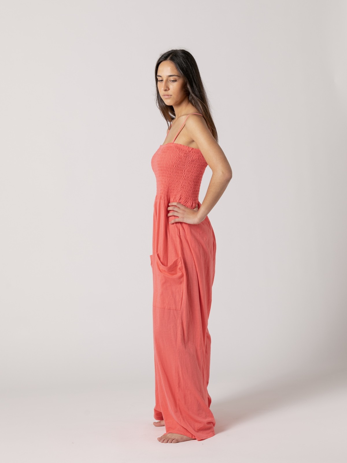 Woman Plain 100% cotton jumpsuit with cargo pockets  Coral