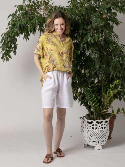 Woman 100% linen wide leg Bermuda shorts  White