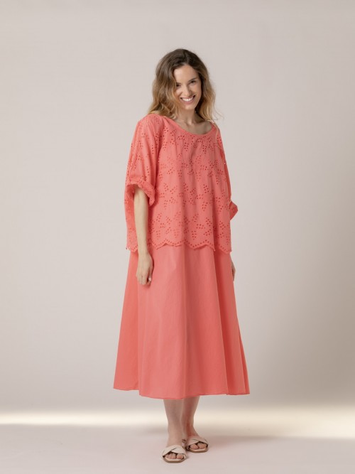 Woman 2-piece embroidered cotton dress  Coral