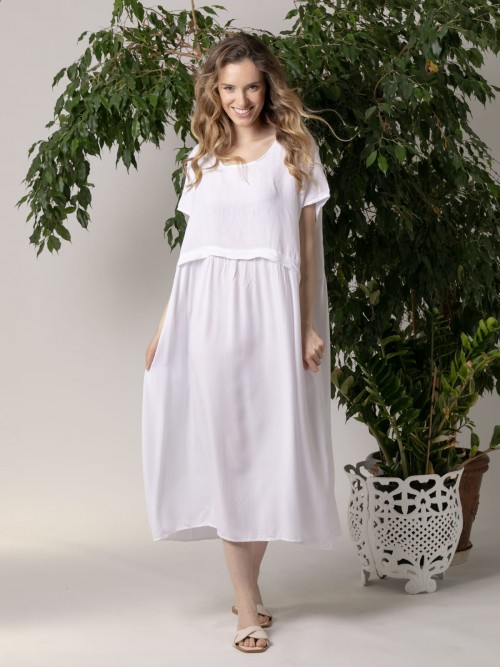 Vestido largo liso escote lino Blanco