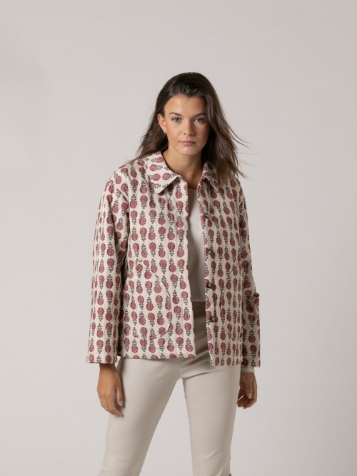 Woman Tricolor print shirt collar padded jacket Pink