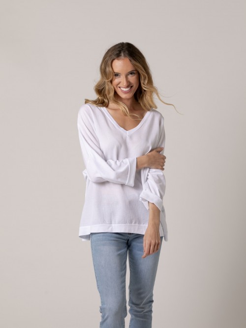 Woman Plain tencell V-neck T-shirt White