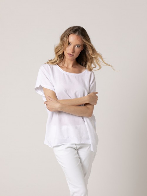 Woman Plain T-shirt with rounded neckline and tencell short sleeves White