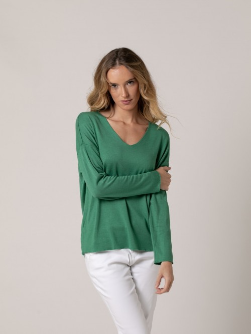 Woman Fine soft touch V-neck sweater Green