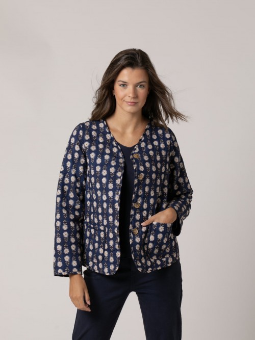 Woman Little flower print padded jacket Blue