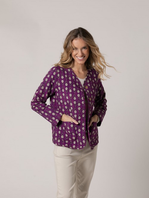 Woman Little flower print padded jacket Violet