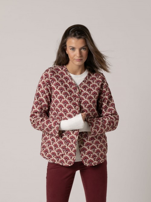 Woman Turkey feather print padded jacket Bordeaux