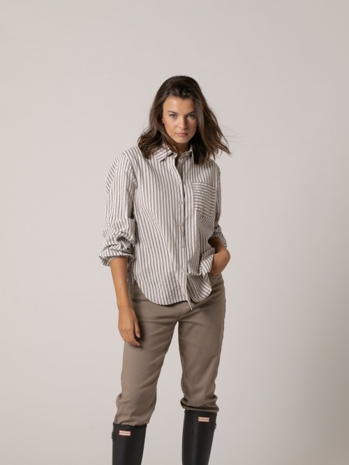 Woman Striped cotton shirt Taupe