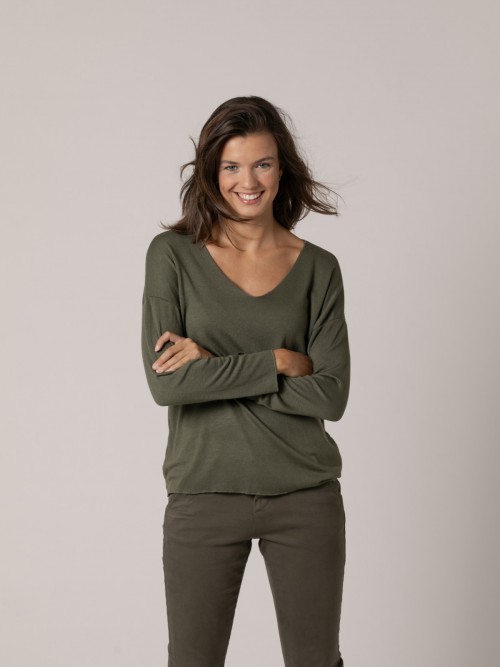 Woman Fine soft touch V-neck sweater Khaki