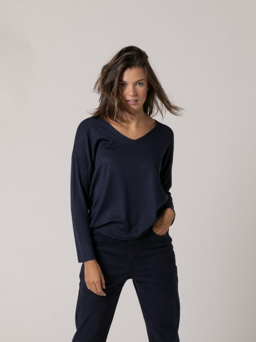 Woman Fine soft touch V-neck sweater Blue Navy