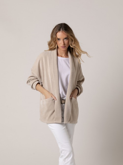 Woman Tuxedo collar soft fabric jacket Beige