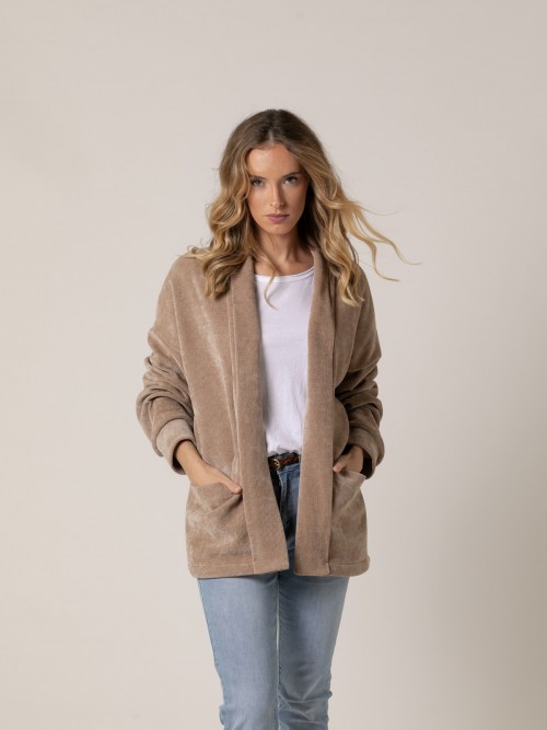 Woman Tuxedo collar soft fabric jacket Taupe