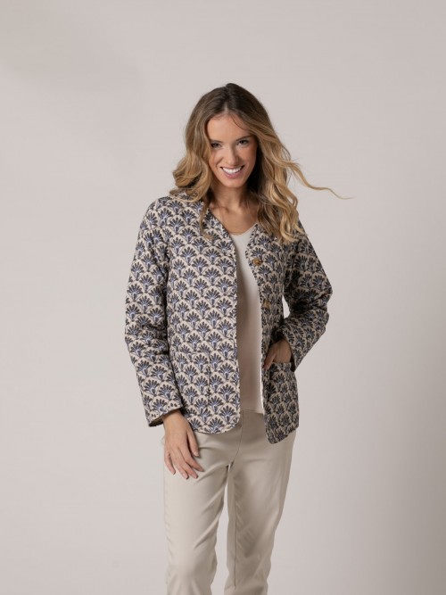 Woman Tricolor print shirt collar padded jacket Grey