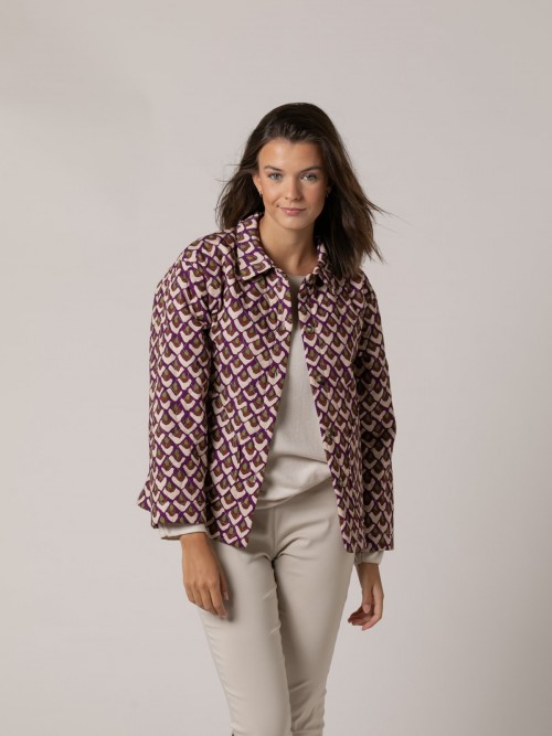 Woman Tricolor print shirt collar padded jacket Violet