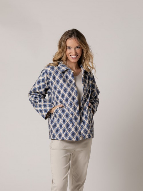 Woman Printed padded jacket with shirt collar Blue
