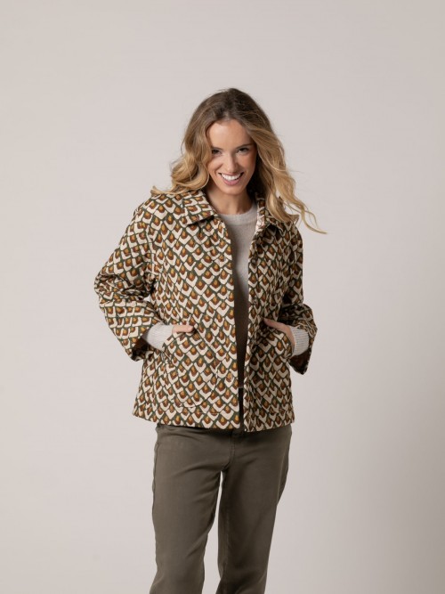 Woman Tricolor print shirt collar padded jacket Khaki
