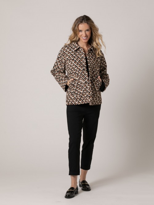 Woman Tricolor print shirt collar padded jacket Black